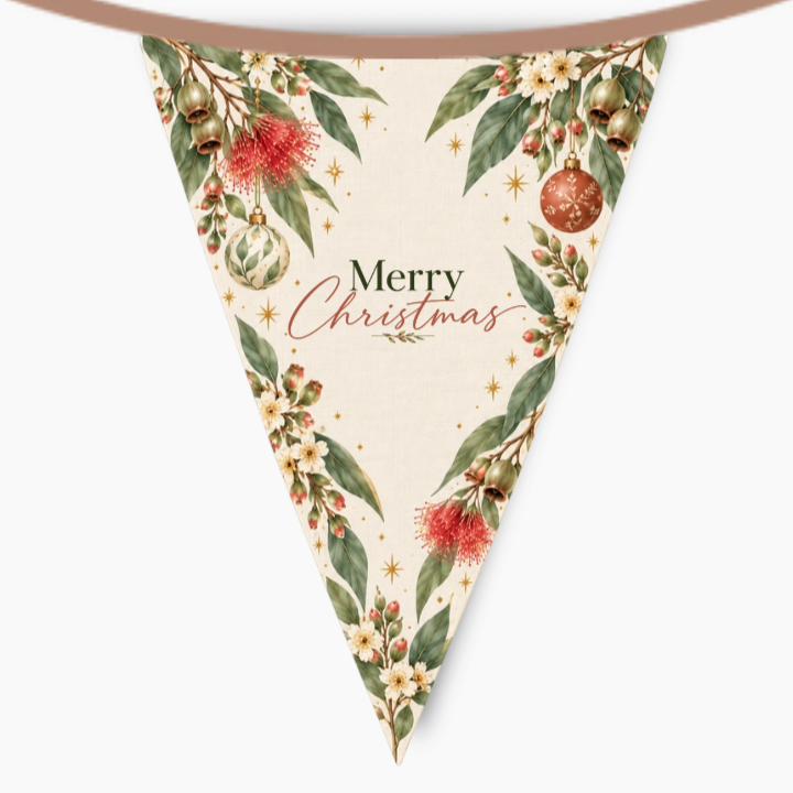 Triangular Aussie Botanicals bunting flag with Merry Christmas lettering, eucalyptus, native flowers, baubles and gold stars on cream.
