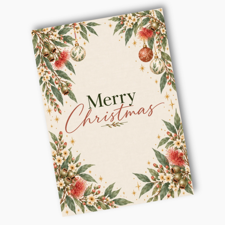 Aussie Botanicals poster with Merry Christmas lettering, eucalyptus leaves, native flowers, festive baubles and gold stars on cream.