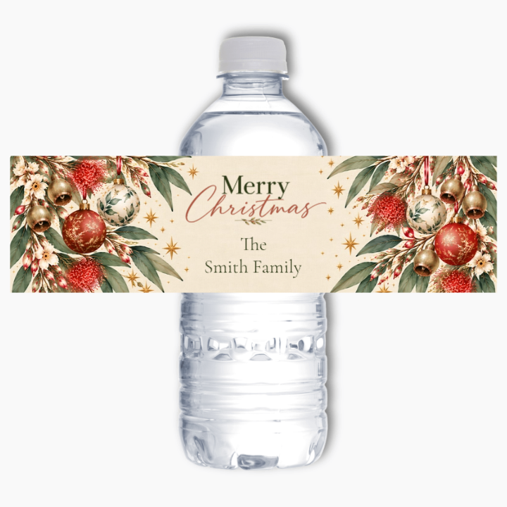 Personalised Aussie Botanicals Christmas water bottle label with The Smith Family, native florals, eucalyptus, baubles and gold stars.