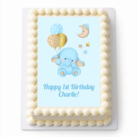 Personalised blue Baby Elephant A4 rectangle icing sheet fitted on a white cake