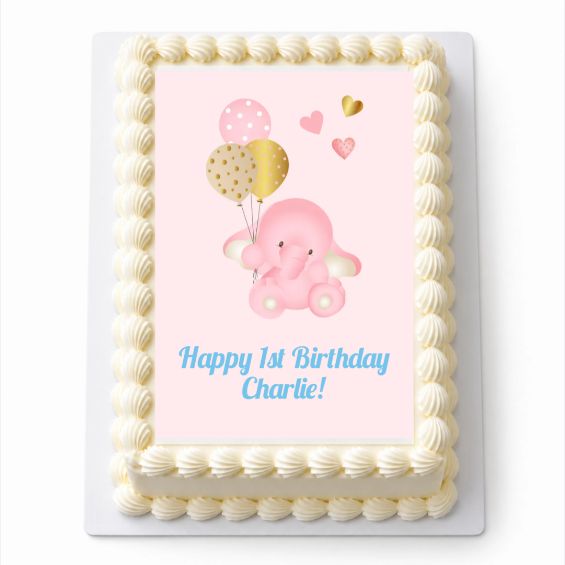 Personalised pink Baby Elephant A4 rectangle icing sheet fitted on a white cake