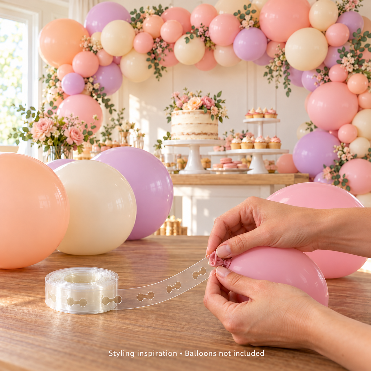 Hands threading a balloon knot through paired holes in clear balloon garland tape; styling inspiration, balloons not included