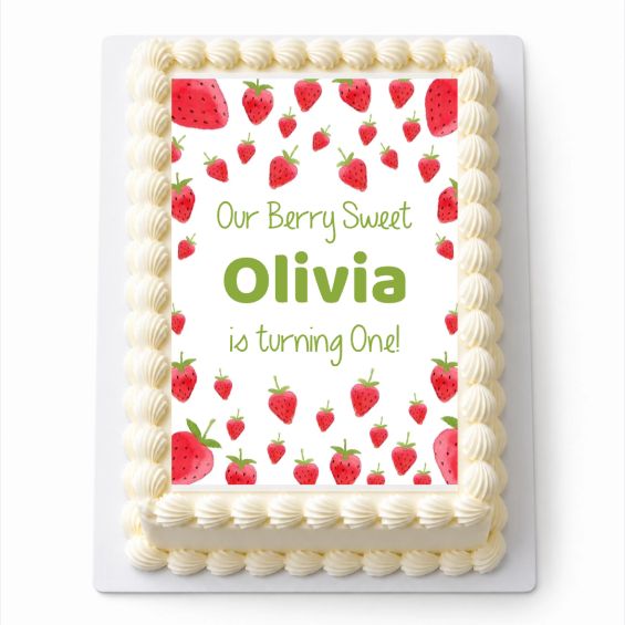 Personalised Berry Sweet A4 icing sheet with strawberries and green birthday wording fitted to a white cake