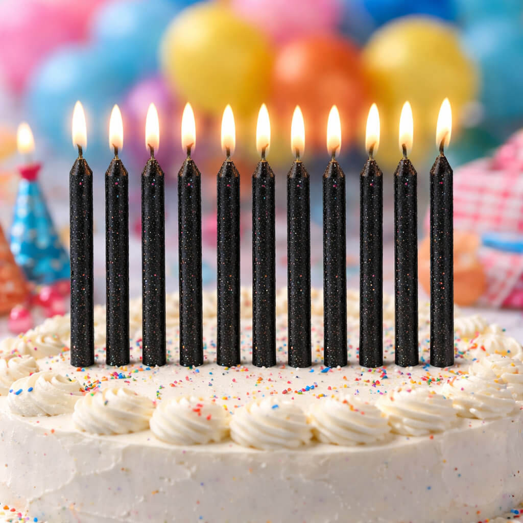 Black glitter birthday candles on cake with sprinkles for party celebration