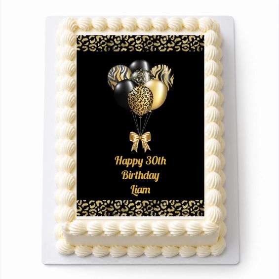 Personalised Black and Gold Balloons A4 icing sheet fitted on a rectangular cake