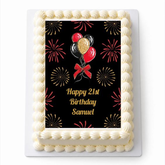 Personalised Black Gold and Red Balloons A4 icing sheet fitted on a rectangular cake