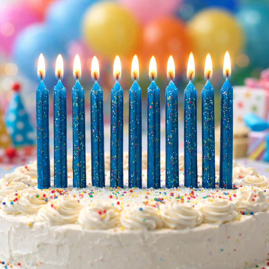 Blue glitter birthday candles on cake with sprinkles for party celebration