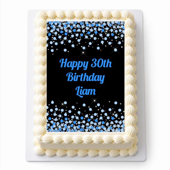 Personalised Blue Confetti A4 icing sheet fitted on a rectangular cake