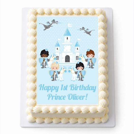 Personalised Blue Prince A4 rectangle icing sheet with princes and a castle, fitted to a white cake.