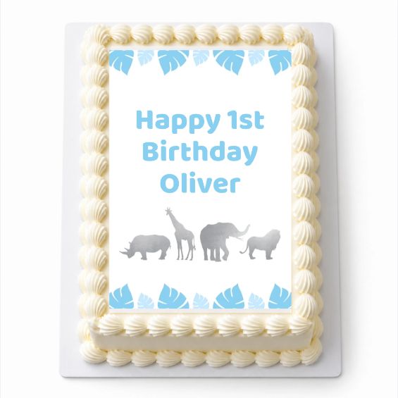 Personalised Blue and Silver Safari A4 icing sheet fitted on a rectangular cake