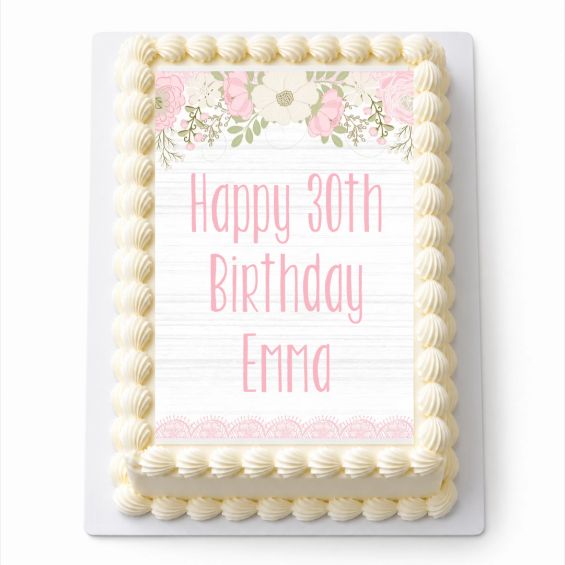 Personalised Boho Pink Floral and Lace A4 rectangle icing sheet fitted on a white cake
