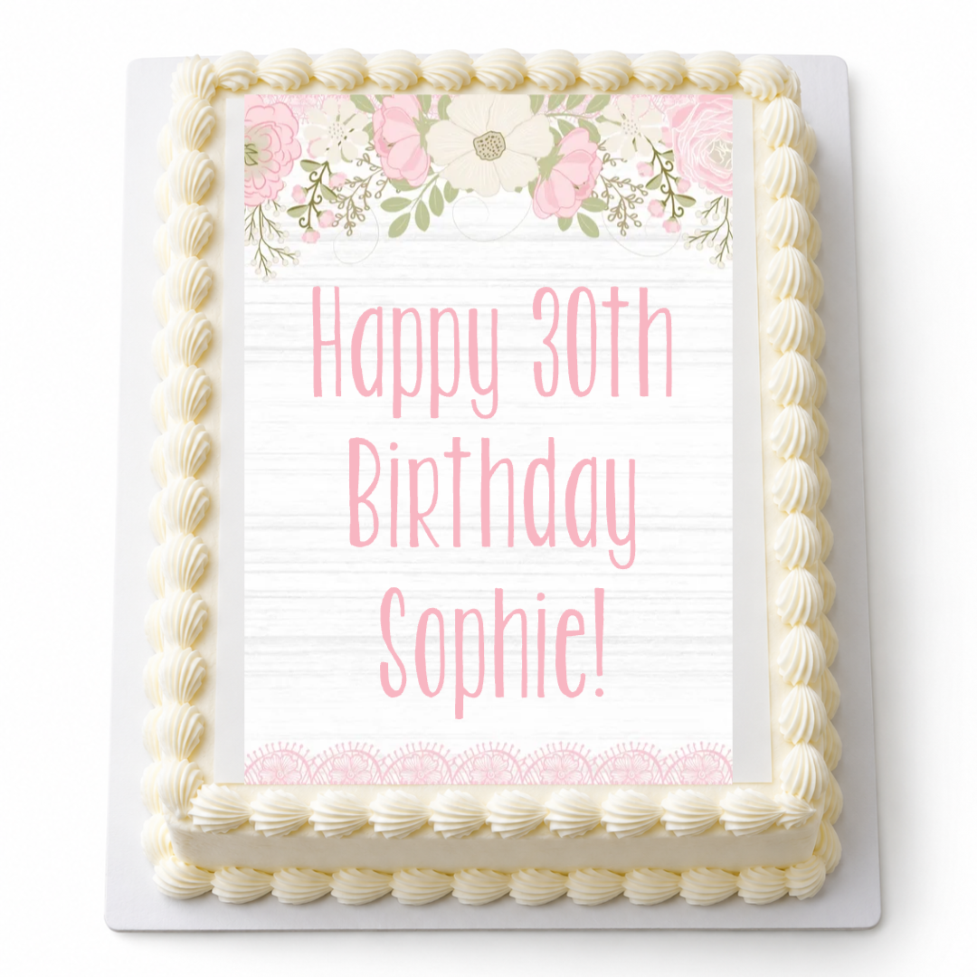 Personalised Boho Pink Floral and Lace A4 icing sheet on a cake