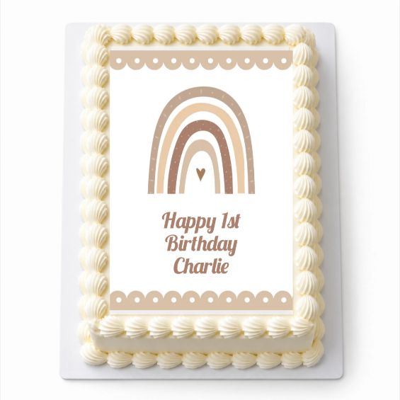 Personalised Boho Rainbow A4 rectangle icing sheet fitted on a white cake
