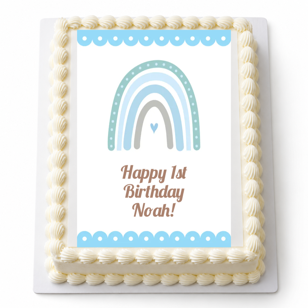 Personalised blue Boho Rainbow A4 icing sheet on a plain cake