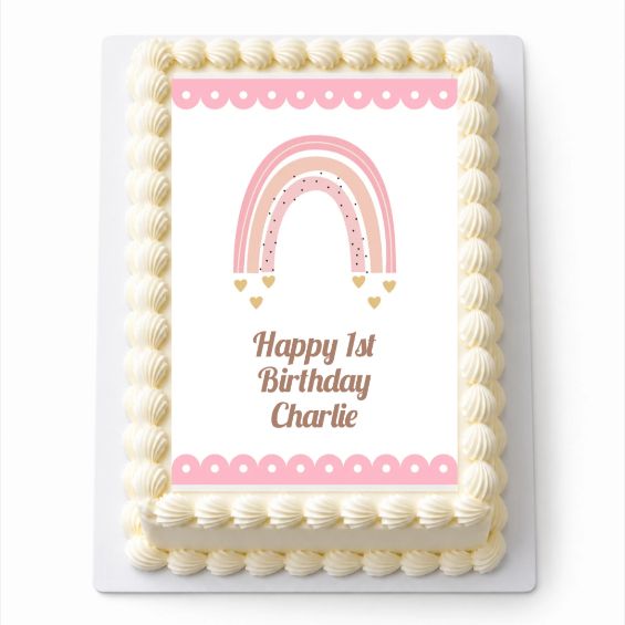 Personalised pink Boho Rainbow A4 rectangle icing sheet fitted on a white cake