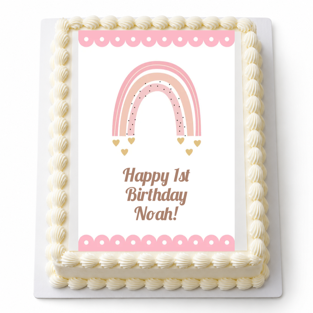 Personalised pink Boho Rainbow A4 icing sheet on a plain cake