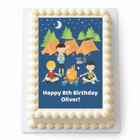 Personalised Boys Camp Out A4 rectangle icing sheet with tents and campfire, fitted to a white cake.