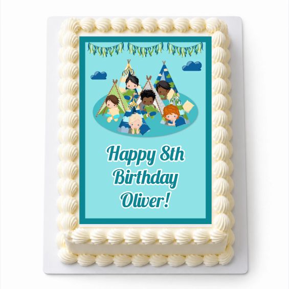 Personalised Boys Slumber Party A4 rectangle icing sheet with boys and teepees, fitted to a white cake.