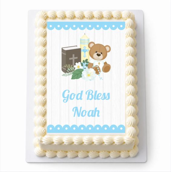 Personalised Boys Teddy Bear A4 icing sheet fitted on a white cake