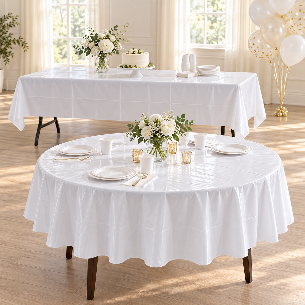 Bright White party table styling illustration; one rectangular cover supplied, props excluded