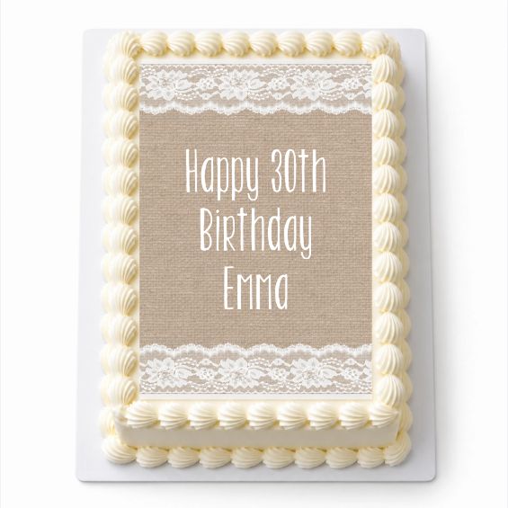 Personalised Burlap and Lace A4 icing sheet fitted on a rectangular cake