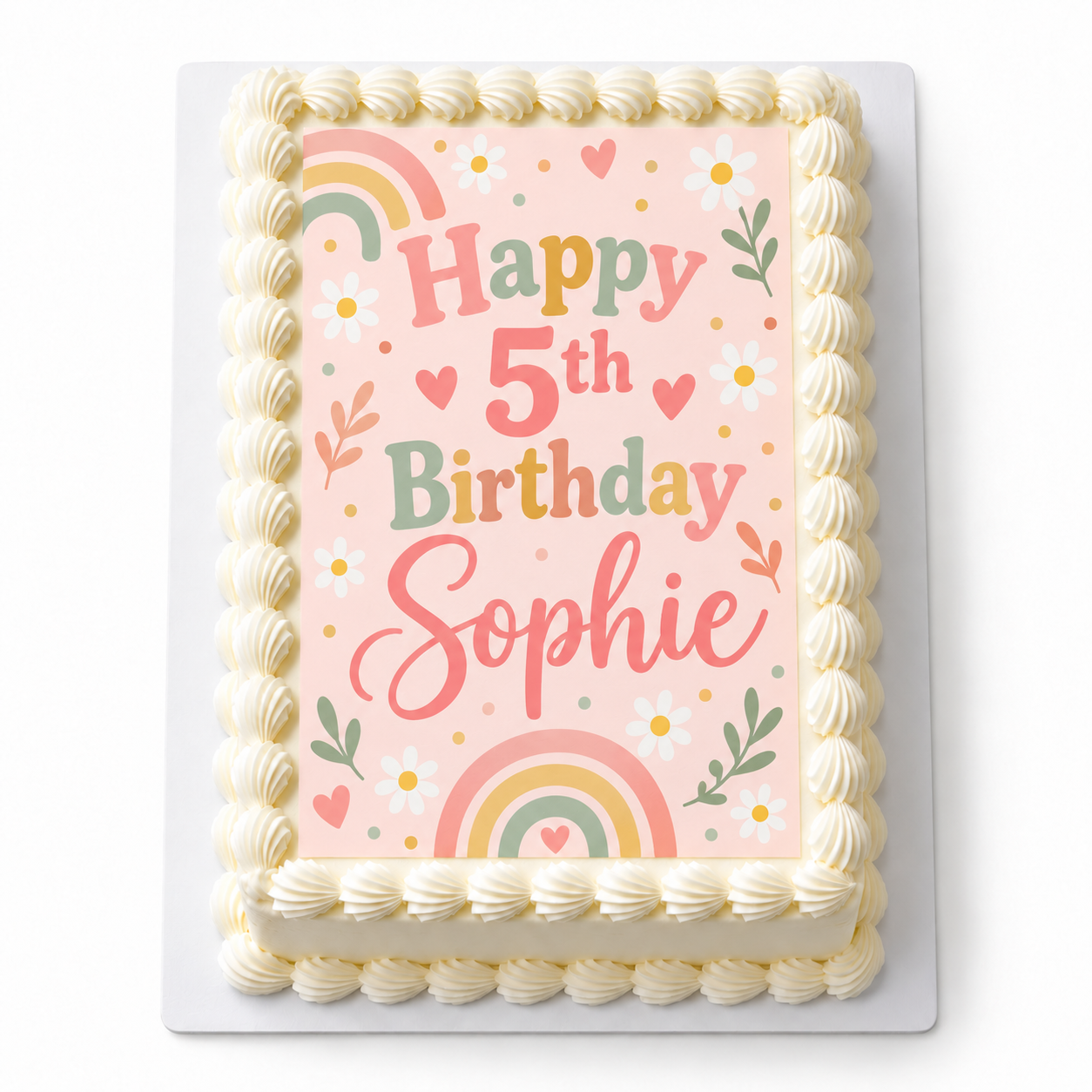 Illustrative Canva-upload design example: pastel rainbow fifth birthday icing sheet for Sophie on a cake. Cake not included.