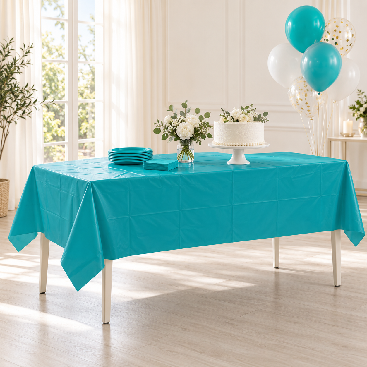Illustration of a folded Caribbean Teal plastic table cover