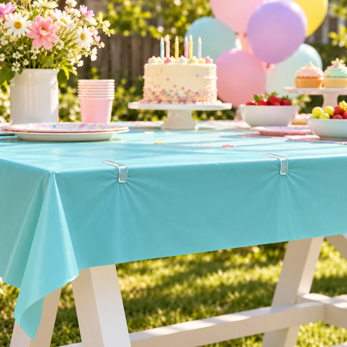 Clear tablecloth clips gripping an aqua plastic party table cover, with gentle puckering at each clip and curled ends concealed beneath the tabletop; illustrative styling.