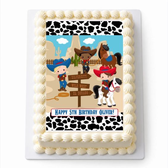 Personalised Cowboy A4 rectangle icing sheet with cowboys and horses, fitted to a white cake.