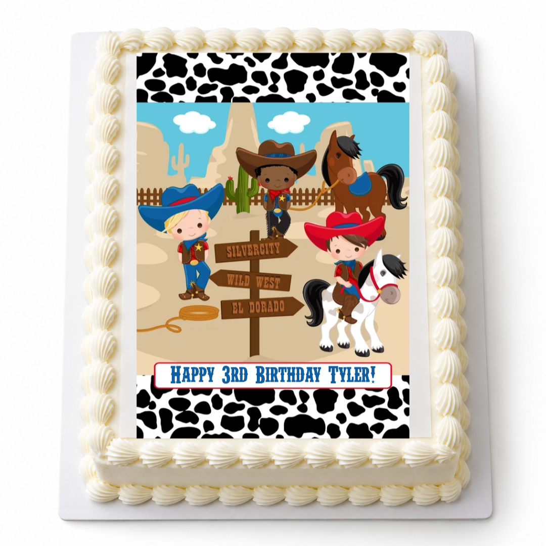 Personalised Cowboy A4 rectangle icing sheet on a plain white cake