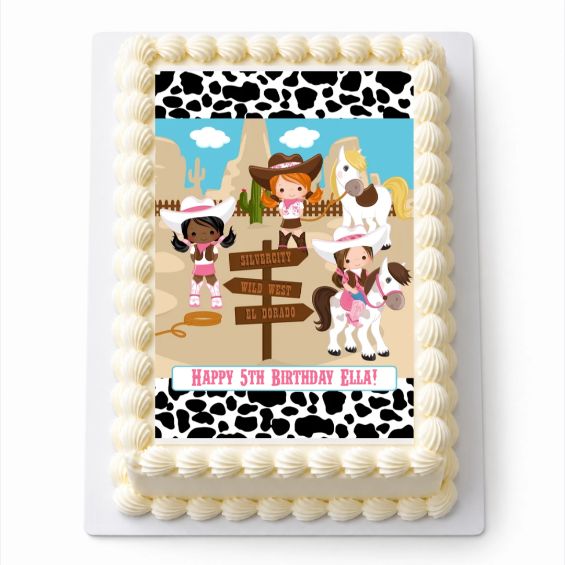 Personalised Cowgirl A4 rectangle icing sheet with cowgirls and horses, fitted to a white cake.