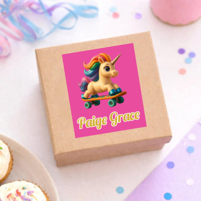 Personalised AI rectangle sticker with unicorn design and name “Paige Grace” on gift box for birthday party