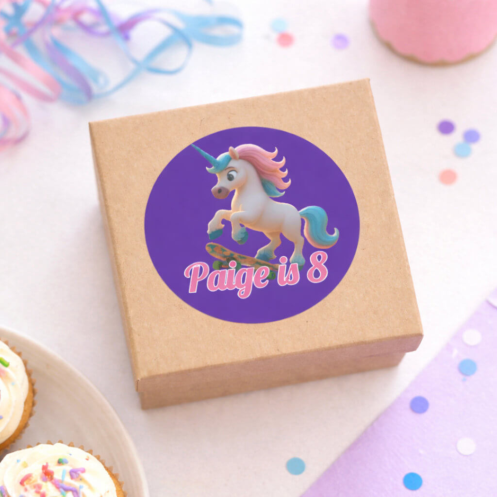 Personalised AI generated round sticker with unicorn design and name “Paige is 8” on gift box for birthday party
