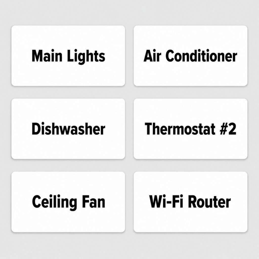 Custom appliance and switch labels with demo text including main lights, air conditioner, dishwasher, thermostat, ceiling fan and Wi-Fi router.