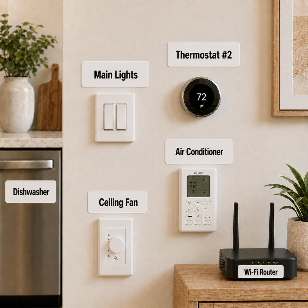 Custom appliance and switch labels shown beside home controls including lights, thermostat, air conditioner, ceiling fan, dishwasher and Wi-Fi router.