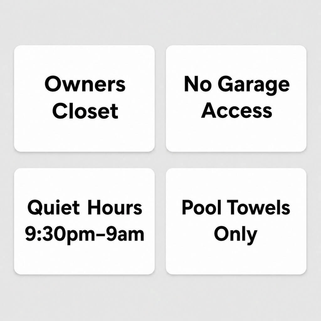 Custom guest information labels with demo text including owners closet, no garage access, quiet hours and pool towels only.