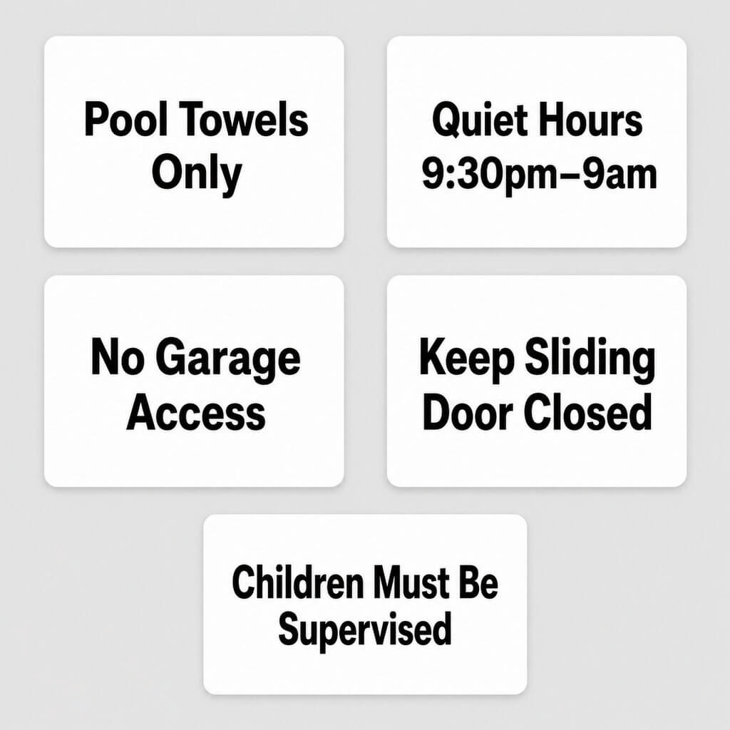 Custom guest instruction labels with demo text including pool towels only, quiet hours, no garage access, keep sliding door closed and children must be supervised.