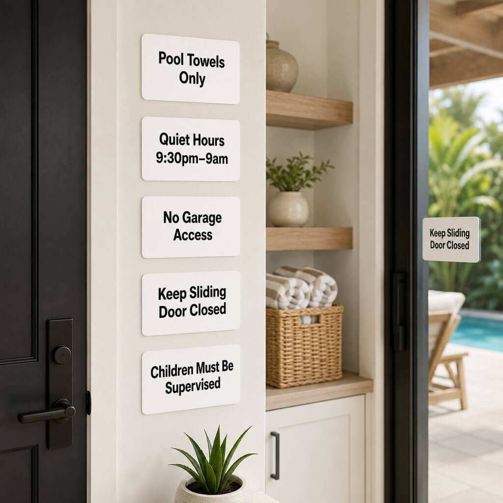 Custom guest instruction labels displayed in a holiday rental entryway with reminders for pool towels, quiet hours, garage access, sliding doors and child supervision.