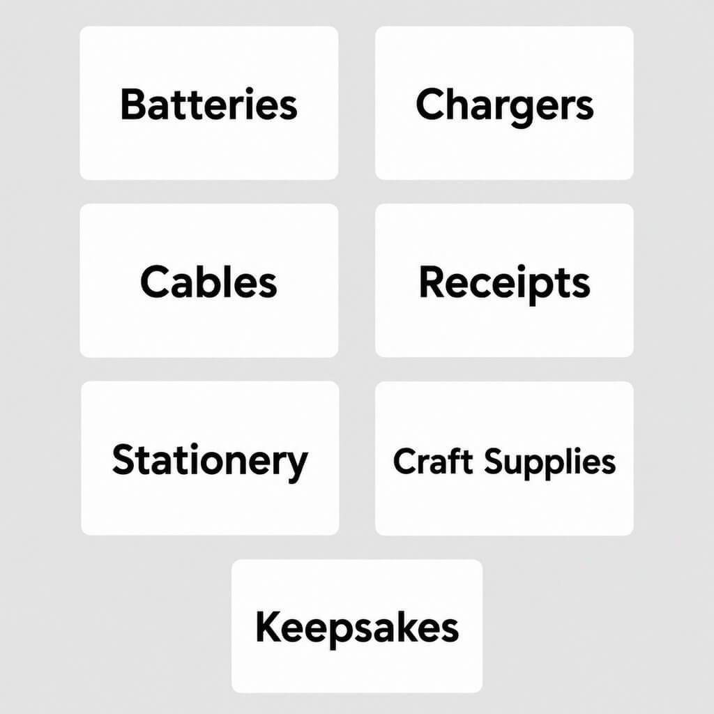 Custom home organisation labels with demo text including batteries, chargers, cables, receipts, stationery, craft supplies and keepsakes.