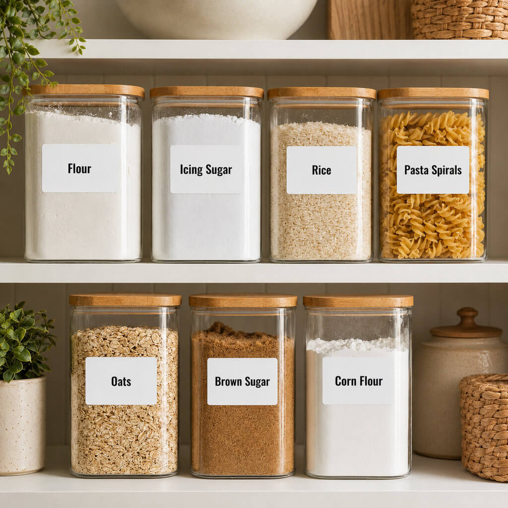 Glass pantry jars with custom white labels for flour, icing sugar, rice, pasta spirals, oats, brown sugar and corn flour.