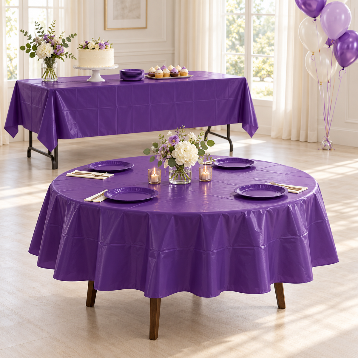 Deep Purple party table styling illustration; one rectangular cover supplied, props excluded