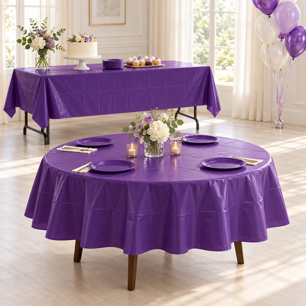 Illustration of a folded Deep Purple plastic table cover