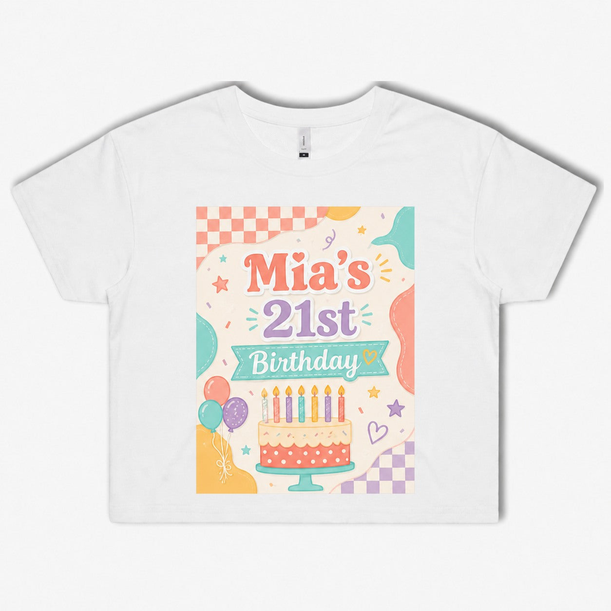 White crop T-shirt with a pastel personalised 21st birthday cake design