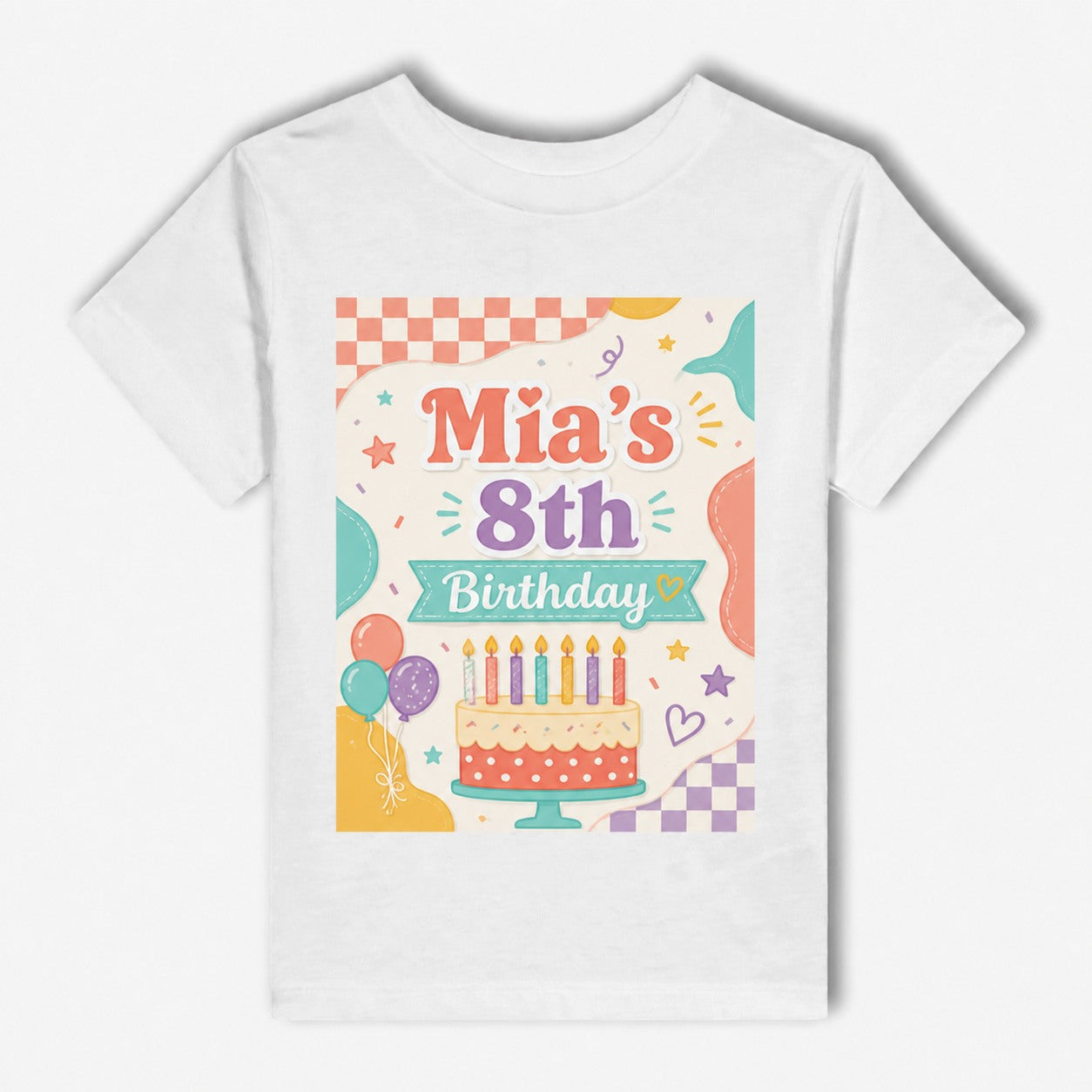 White kids T-shirt with a pastel personalised birthday cake design