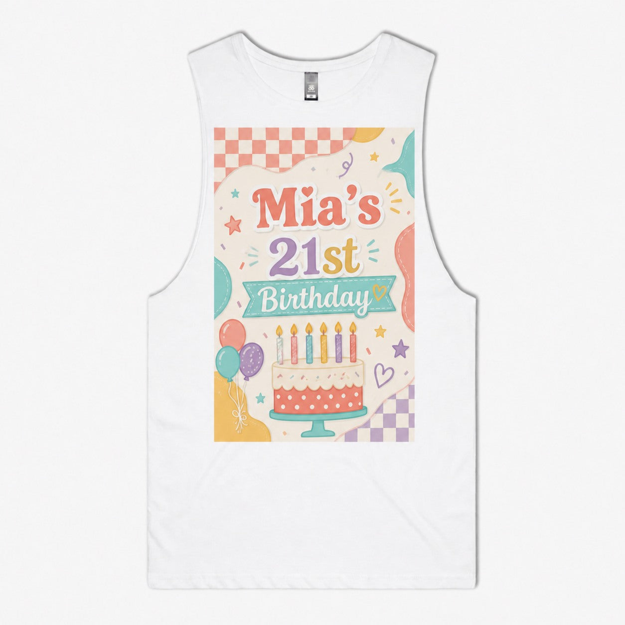 White tank singlet with a pastel personalised 21st birthday cake design