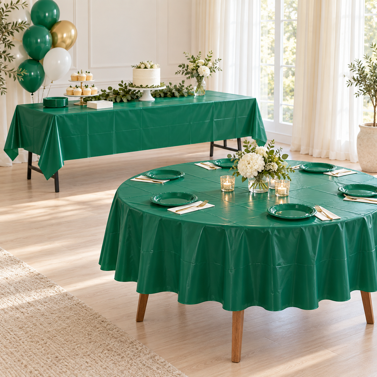Emerald Green party table styling illustration; one rectangular cover supplied, props excluded