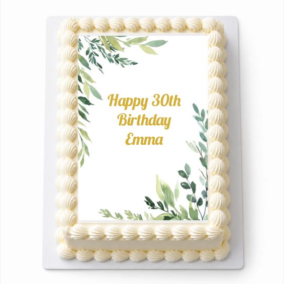 Personalised Eucalyptus A4 icing sheet fitted on a rectangular cake