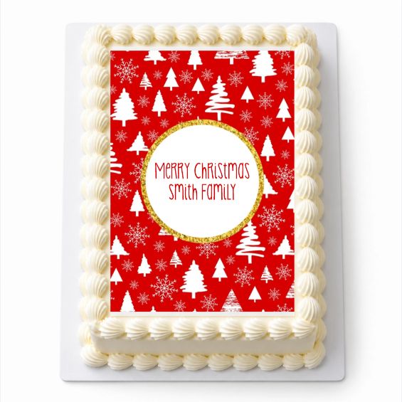 Personalised Festive Red and Gold Christmas A4 icing sheet fitted inside white cake piping