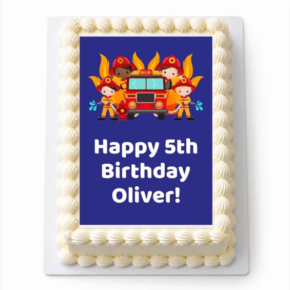 Personalised Firefighter A4 rectangle icing sheet with a fire engine and firefighters, fitted to a white cake.