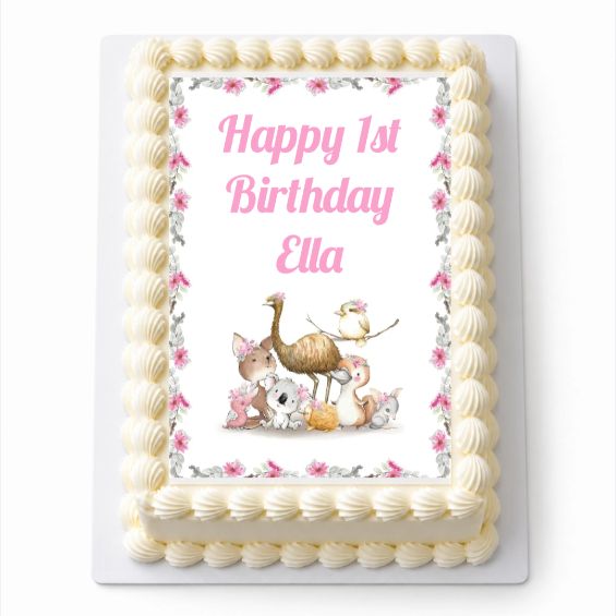 Personalised Floral Australian Animals A4 rectangle icing sheet fitted on a white cake